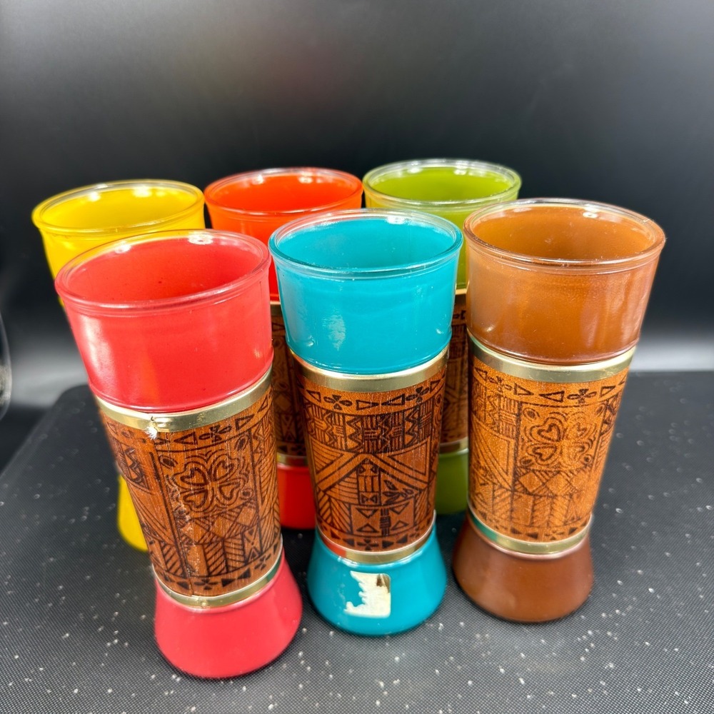 Vintage MCM Tiki Highball Glasses Genuine Mahogany Wood Wrap Set 6 Multi Color - Picture 10 of 15
